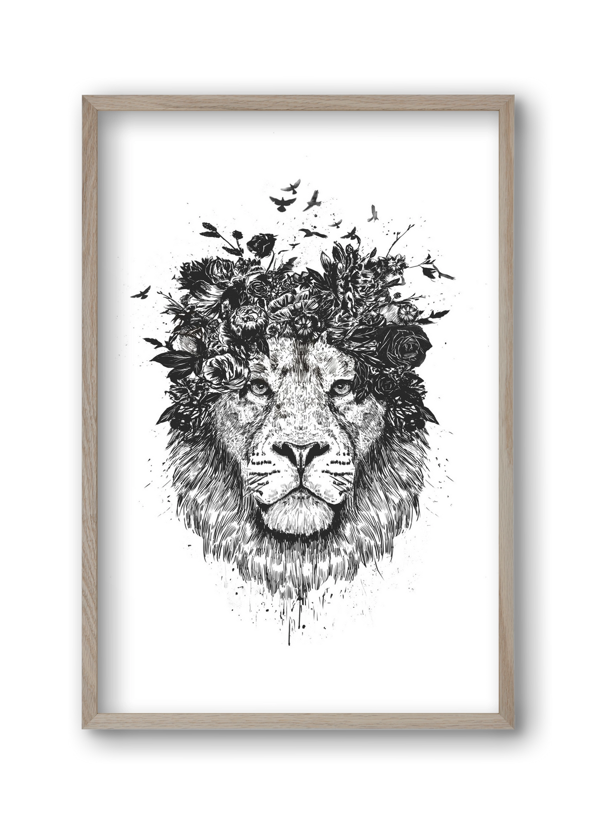 Floral lion (bw), 30x45 cm (30x45 cm), Tölgy keret