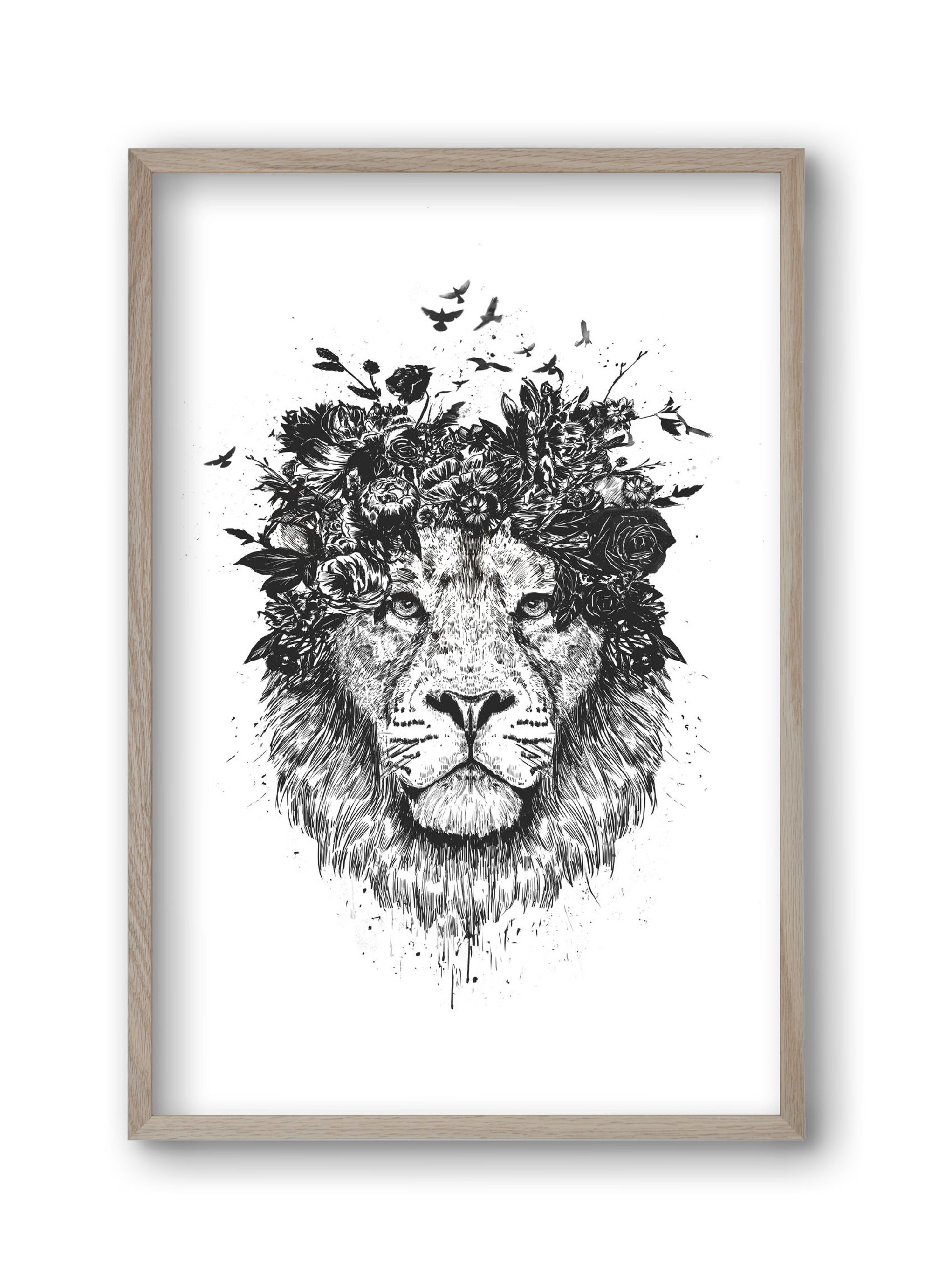 Floral lion (bw), 30x45 cm (30x45 cm), Tölgy keret