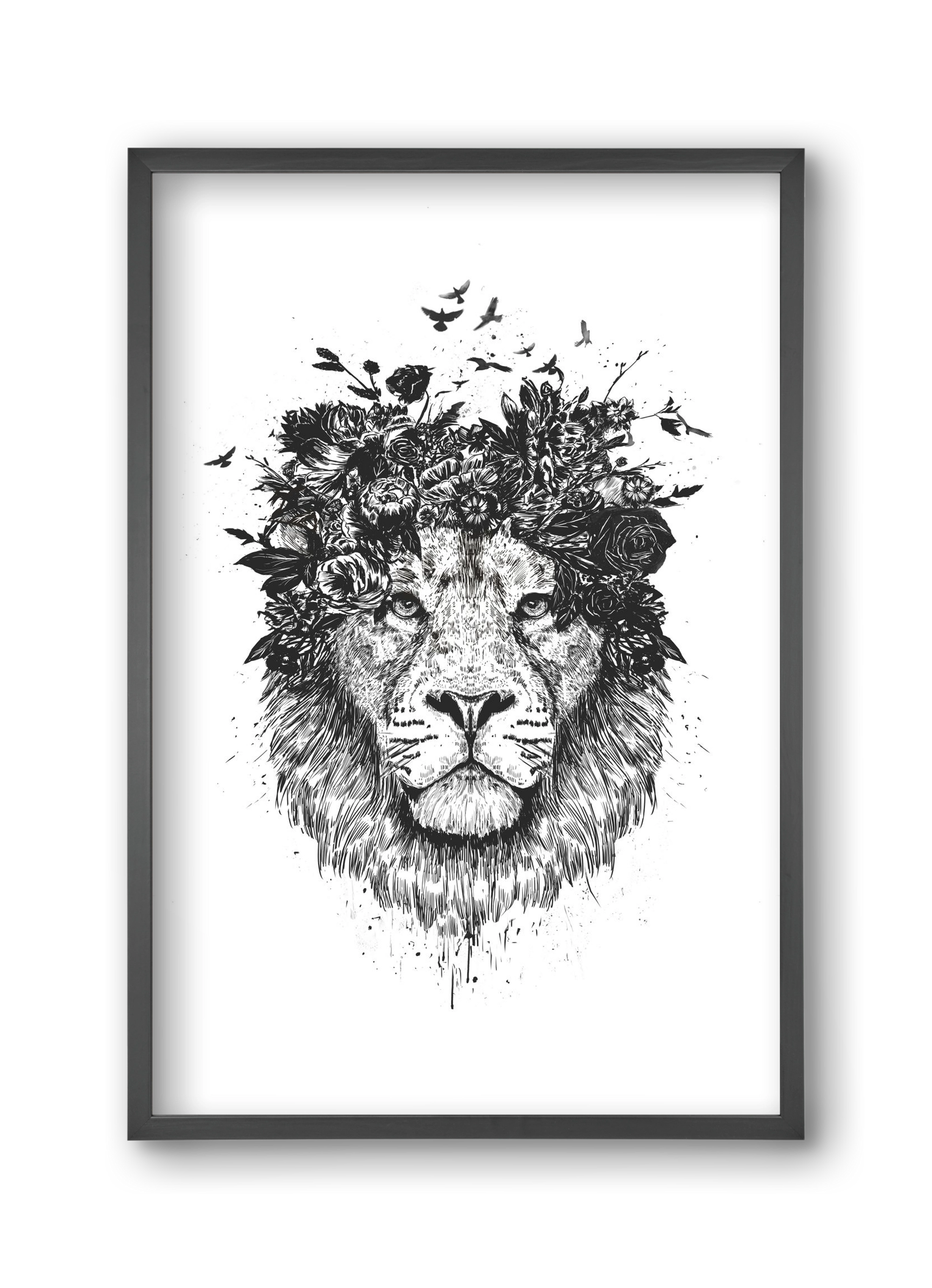 Floral lion (bw), 30x45 cm (30x45 cm), Fekete keret