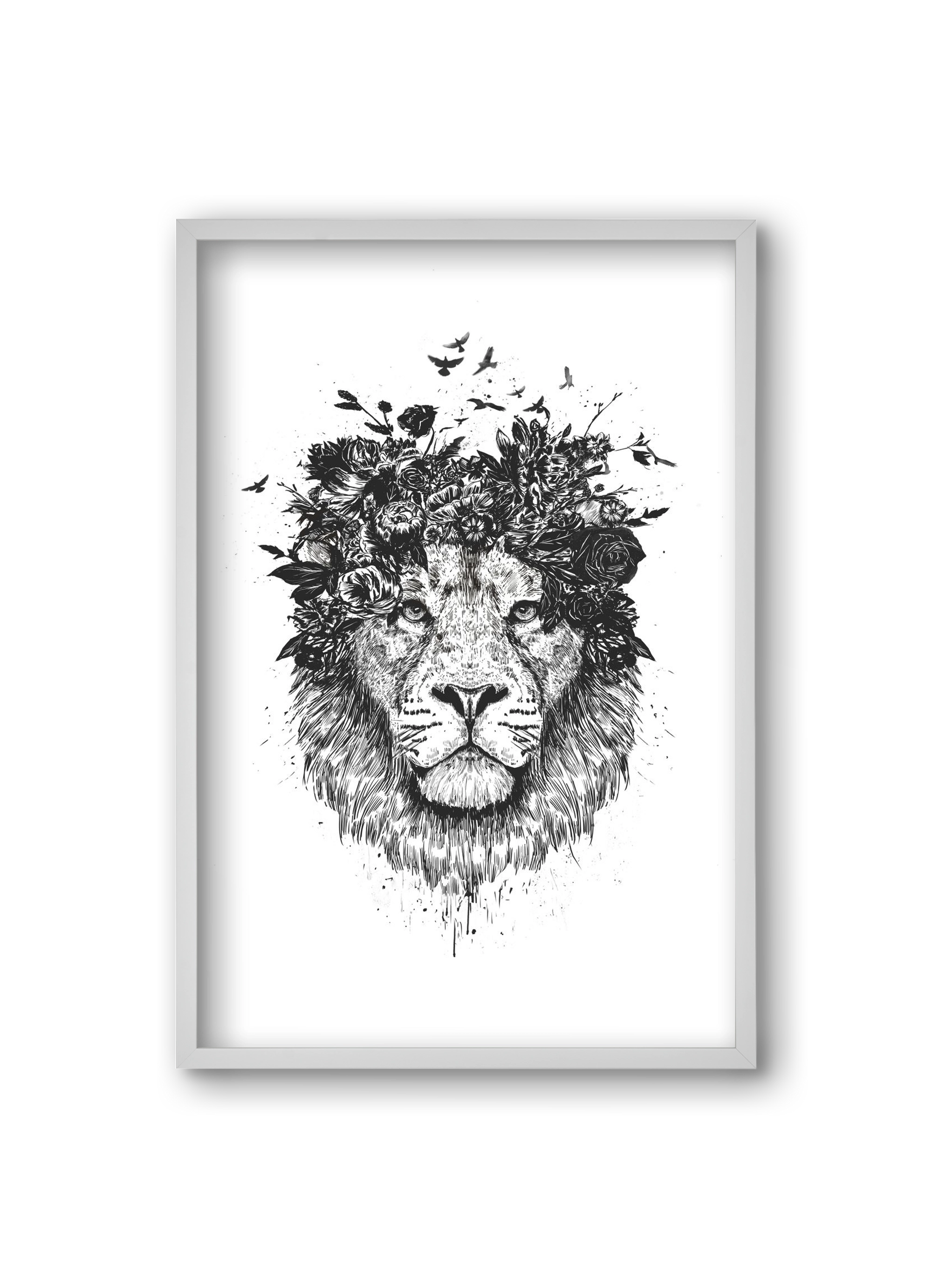 Floral lion (bw), 20x30 cm (20x30 cm), Fehér keret