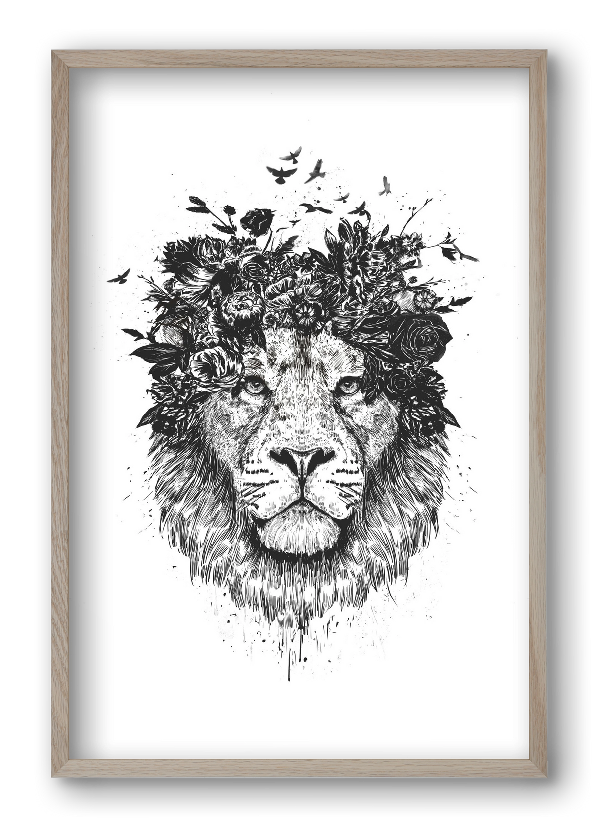Floral lion (bw), 40x60 cm (40x60 cm), Tölgy keret