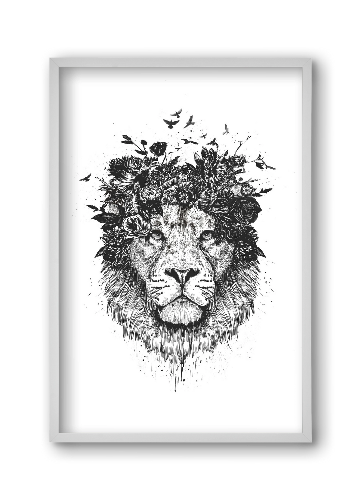 Floral lion (bw), 30x45 cm (30x45 cm), Fehér keret
