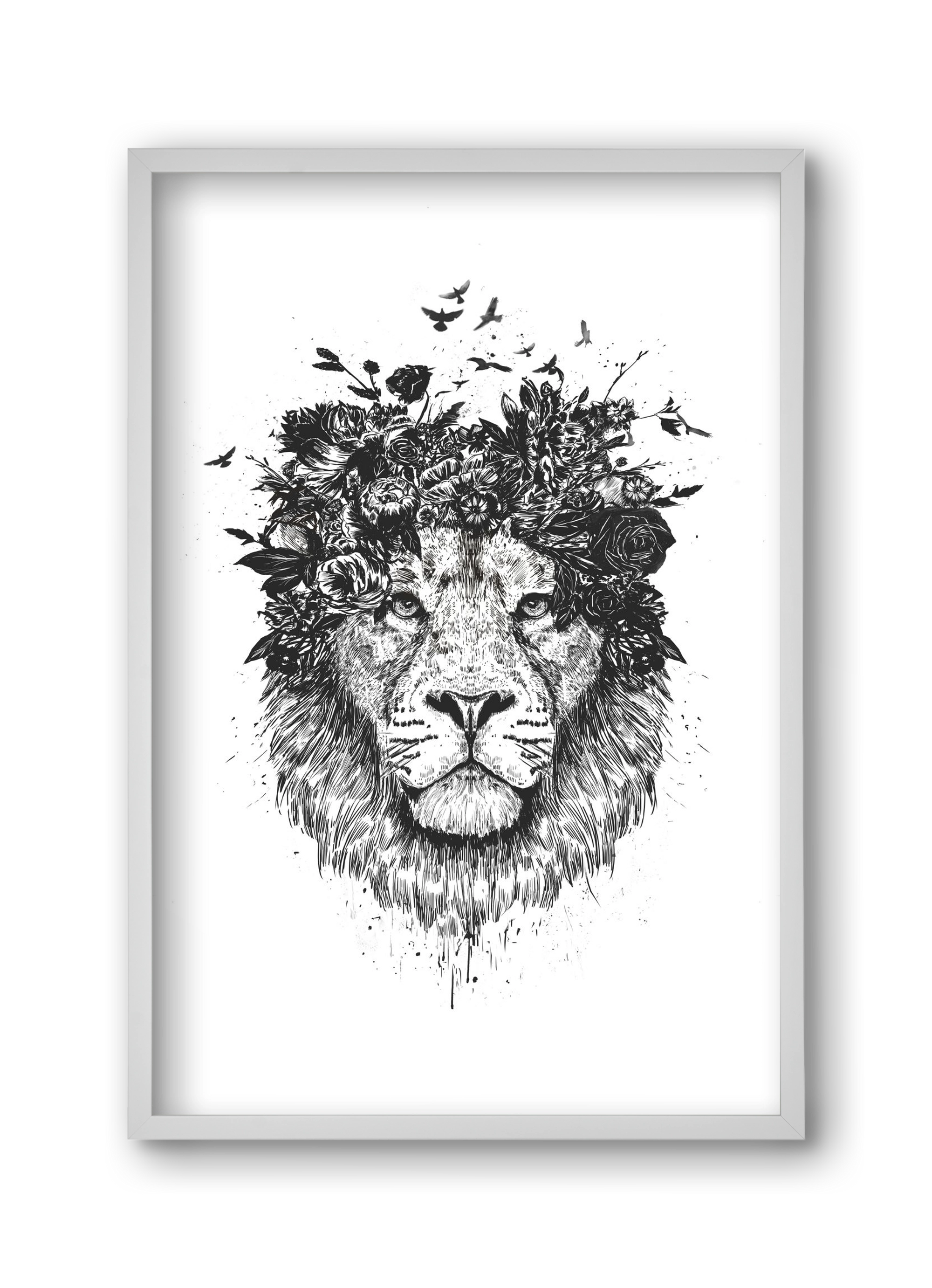 Floral lion (bw), 30x45 cm (30x45 cm), Fehér keret
