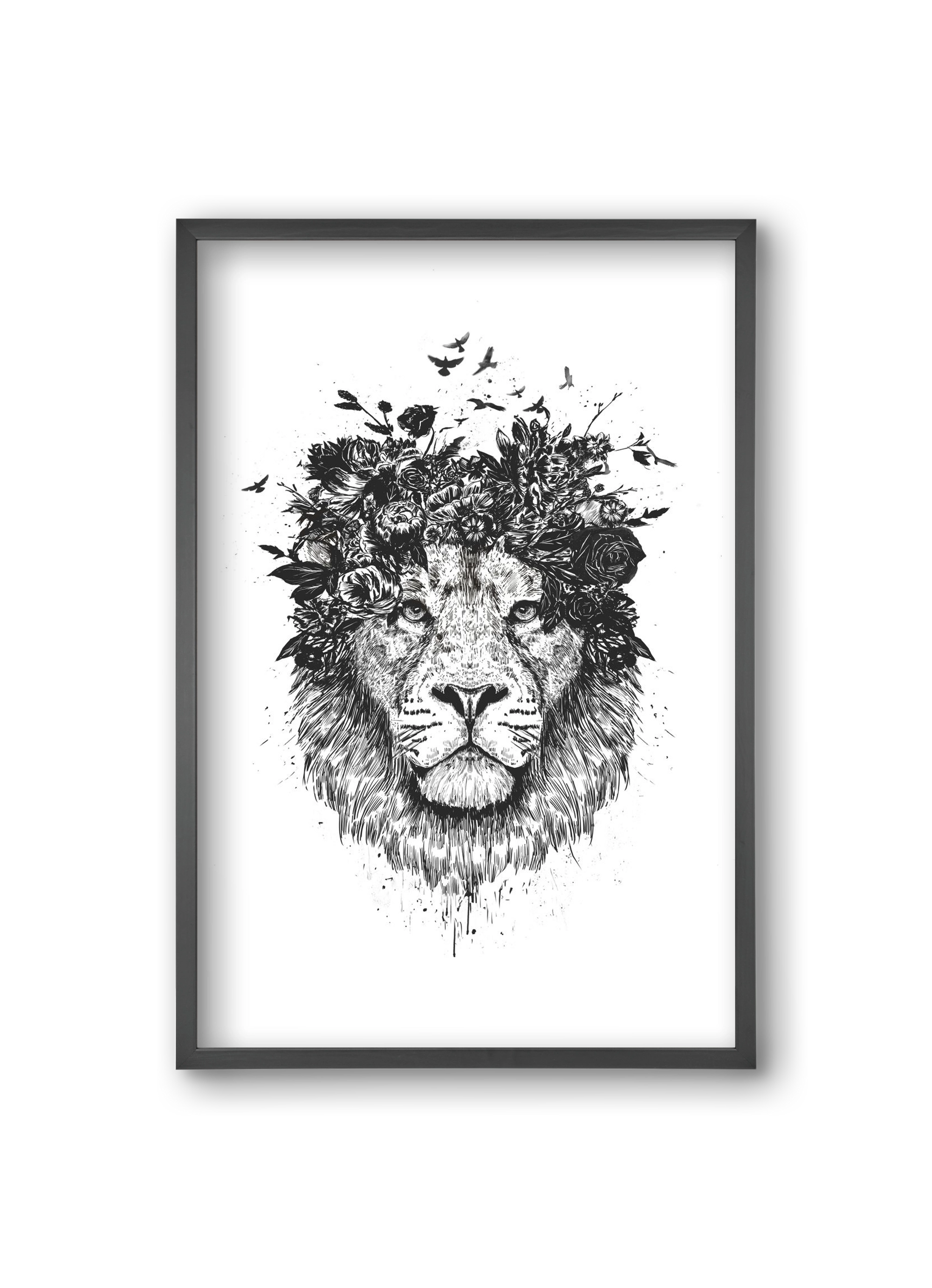 Floral lion (bw), 20x30 cm (20x30 cm), Fekete keret