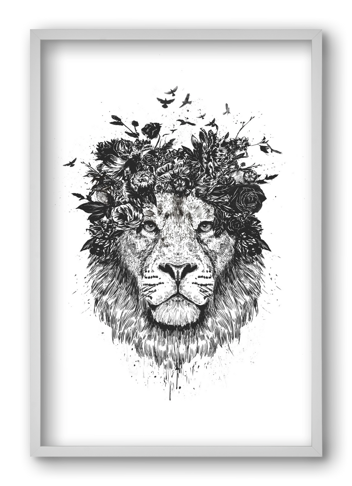 Floral lion (bw), 40x60 cm (40x60 cm), Fehér keret
