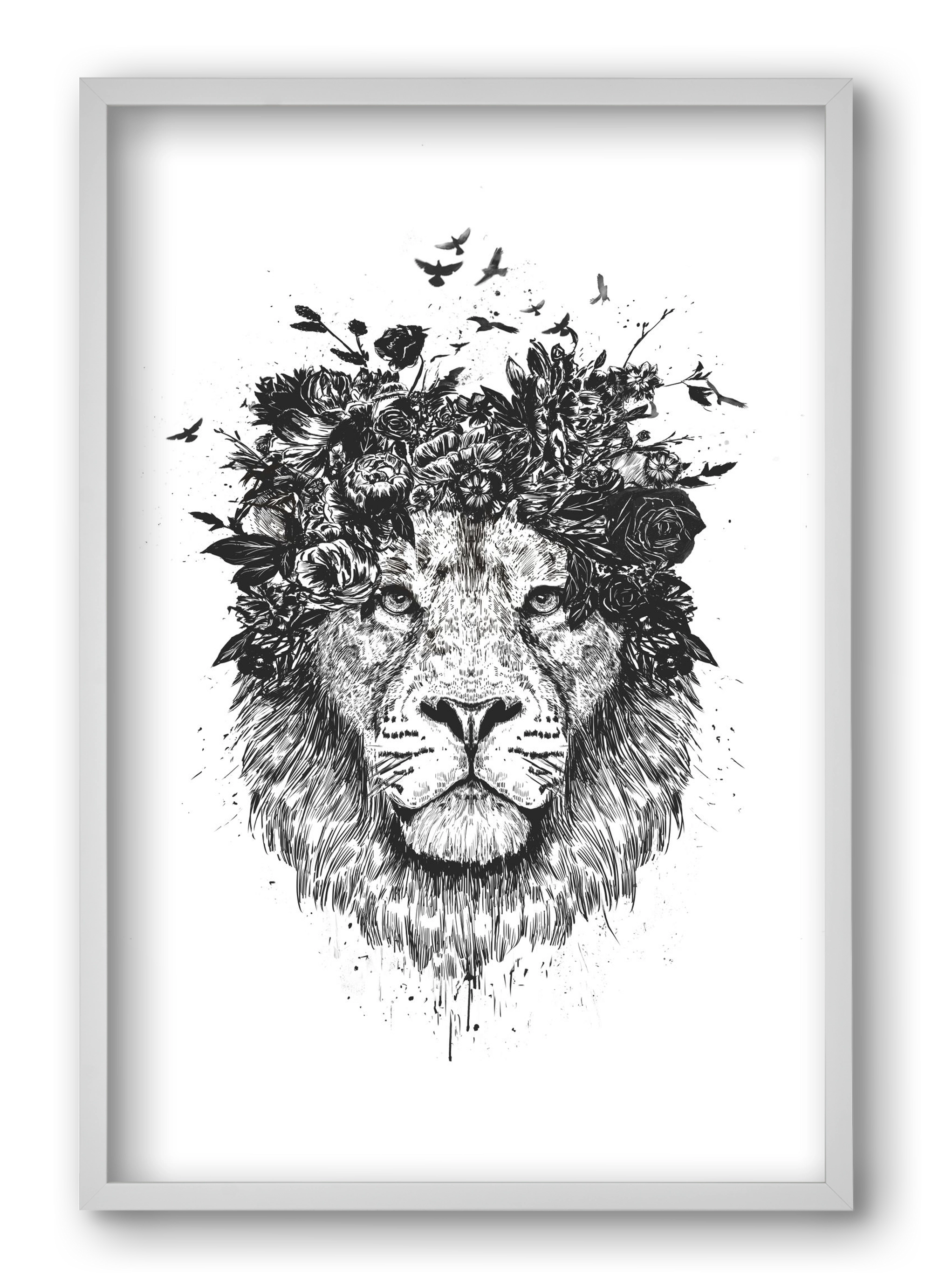Floral lion (bw), 40x60 cm (40x60 cm), Fehér keret