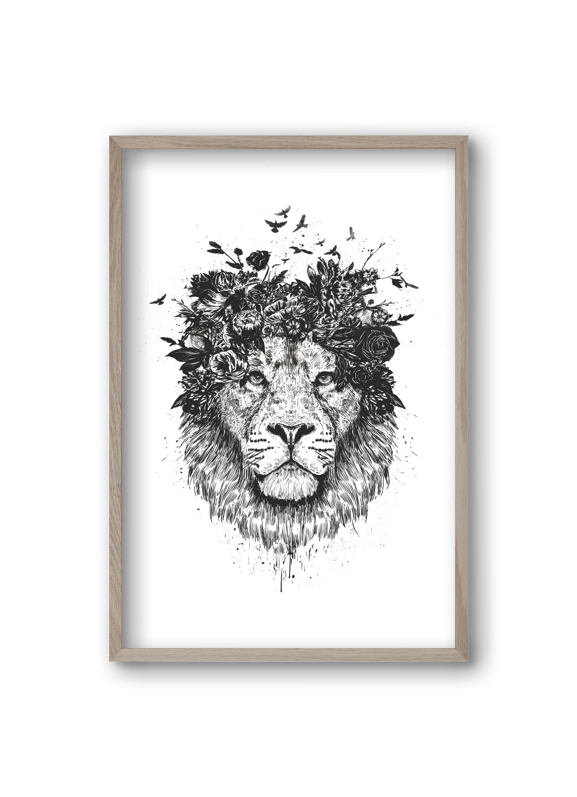 Floral lion (bw), 20x30 cm (20x30 cm), Tölgy keret