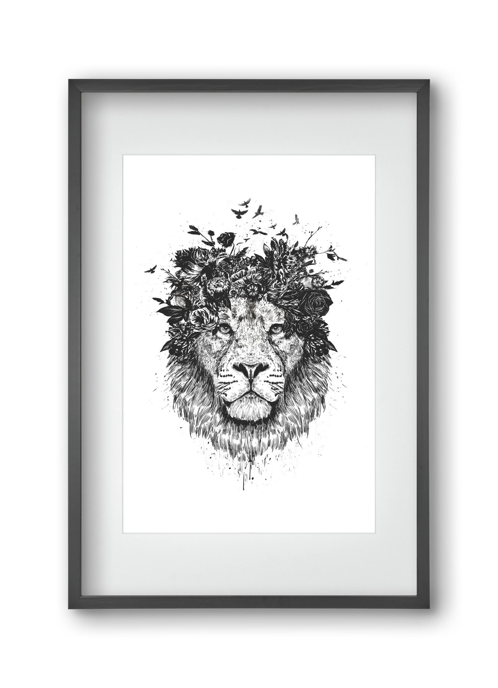 Floral lion (bw), 30x45 cm (20x30 cm), Fekete keret, paszpartuval