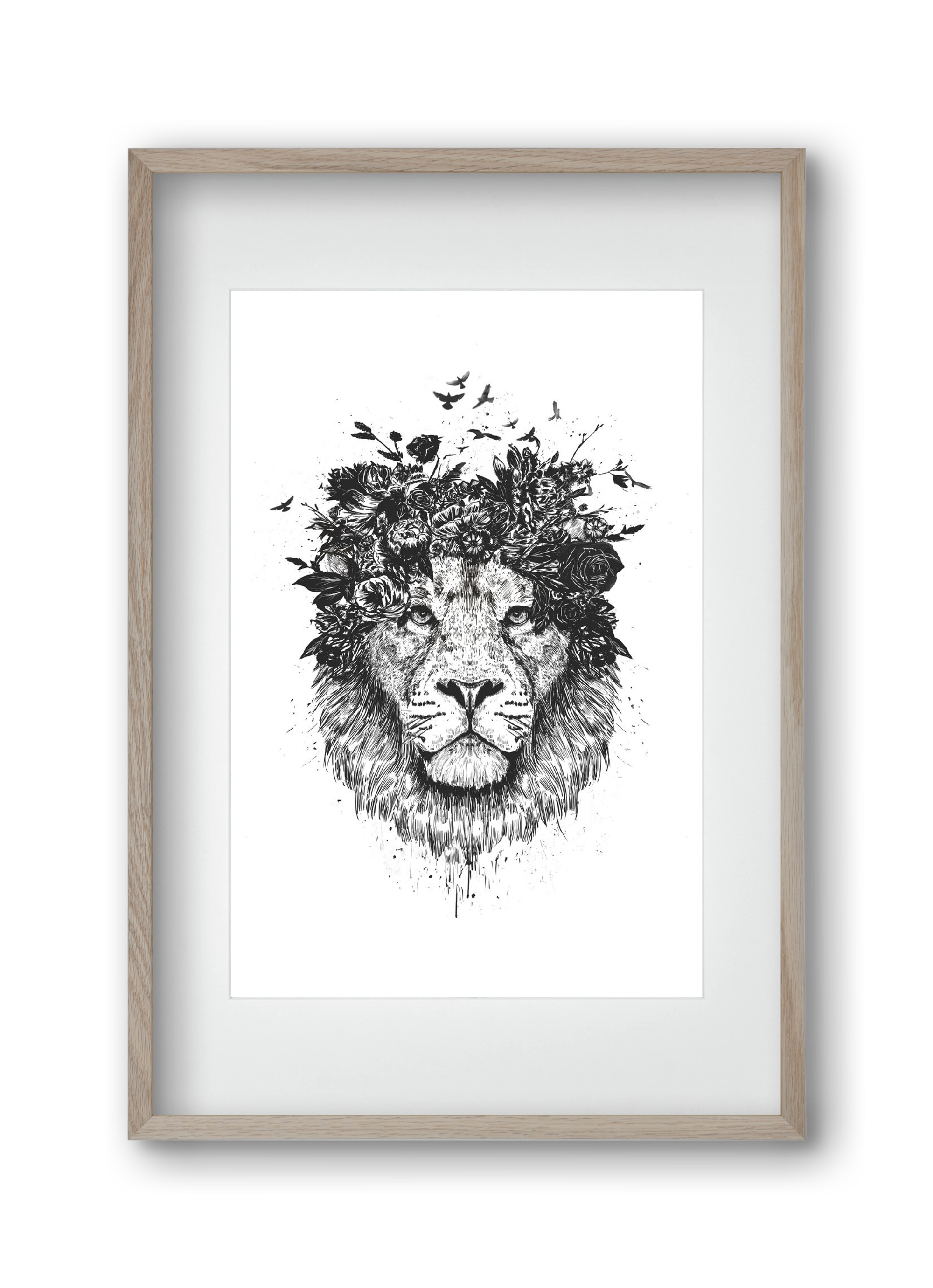 Floral lion (bw), 30x45 cm (20x30 cm), Tölgy keret, paszpartuval
