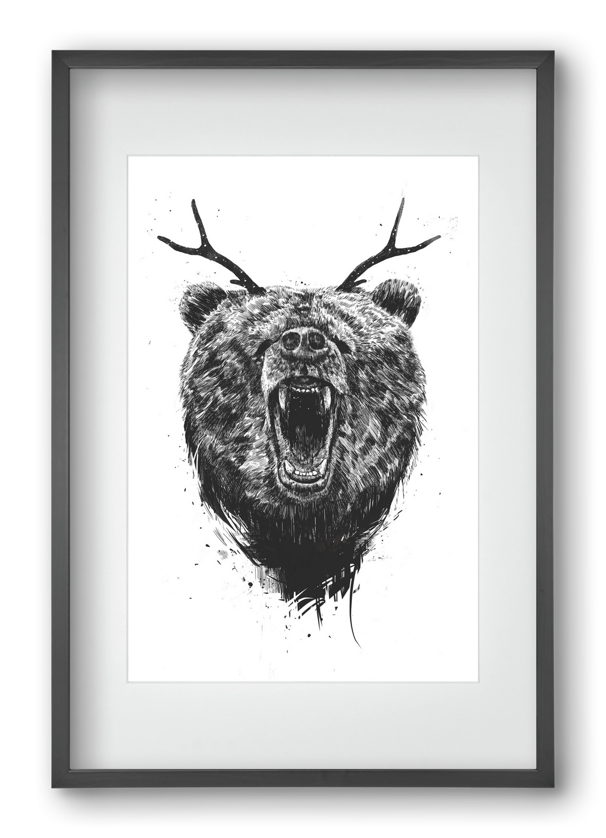 Angry bear with antlers, 40x60 cm (30x45 cm), Fekete keret, paszpartuval