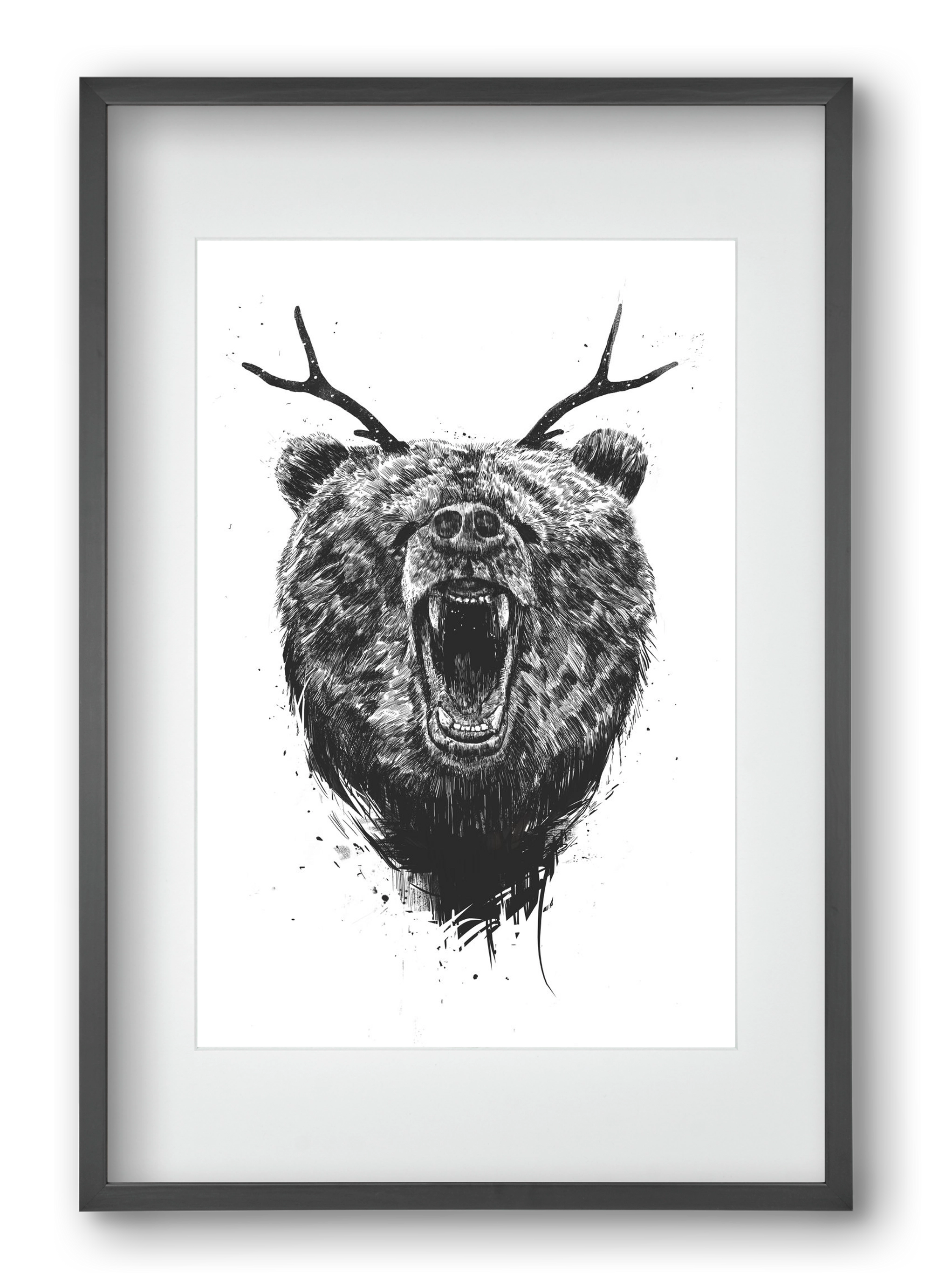 Angry bear with antlers, 40x60 cm (30x45 cm), Fekete keret, paszpartuval