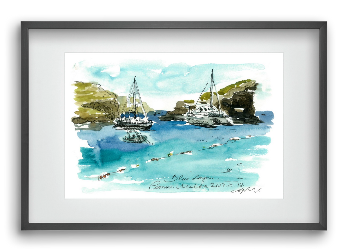 MALTA AQUARELLE NO.2, 60x40 cm (45x30 cm), Fekete keret, paszpartuval