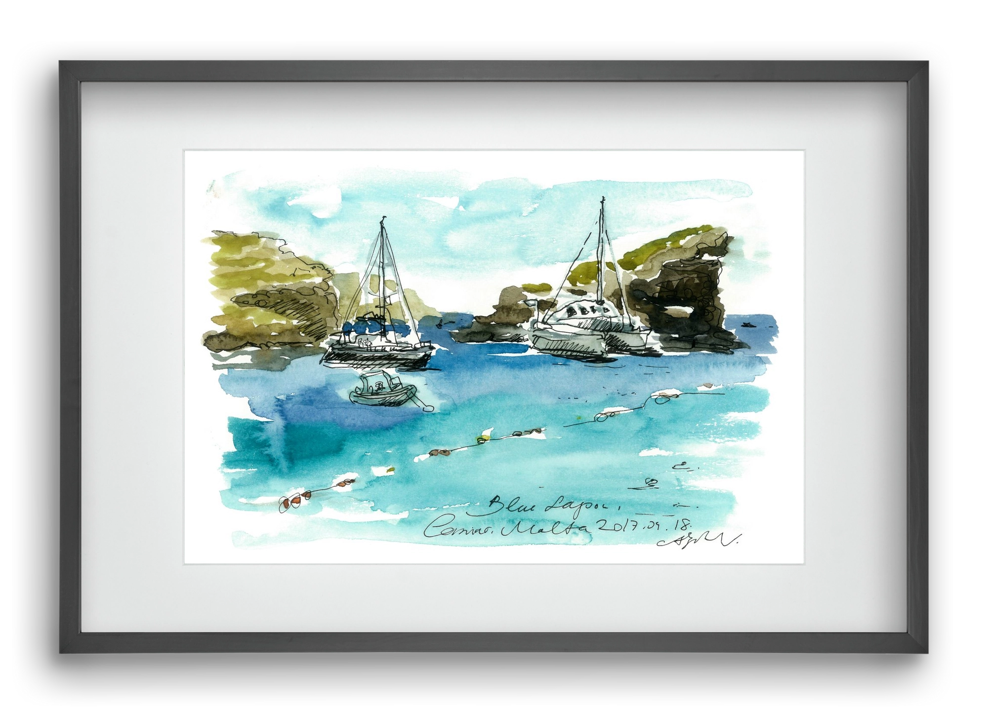 MALTA AQUARELLE NO.2, 60x40 cm (45x30 cm), Fekete keret, paszpartuval