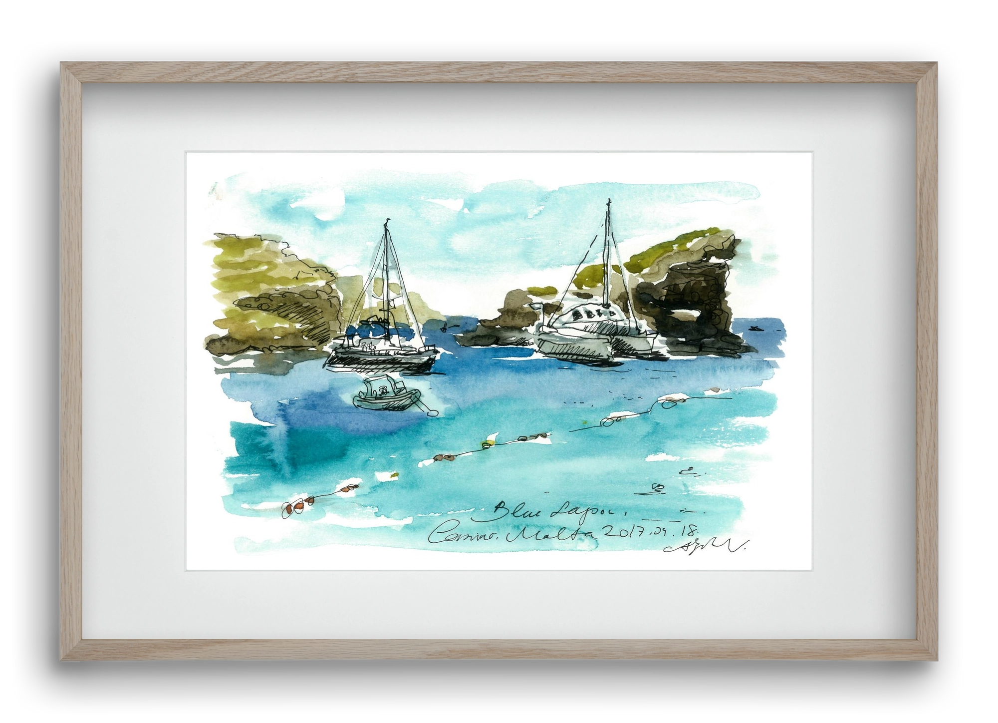 MALTA AQUARELLE NO.2, 60x40 cm (45x30 cm), Tölgy keret, paszpartuval