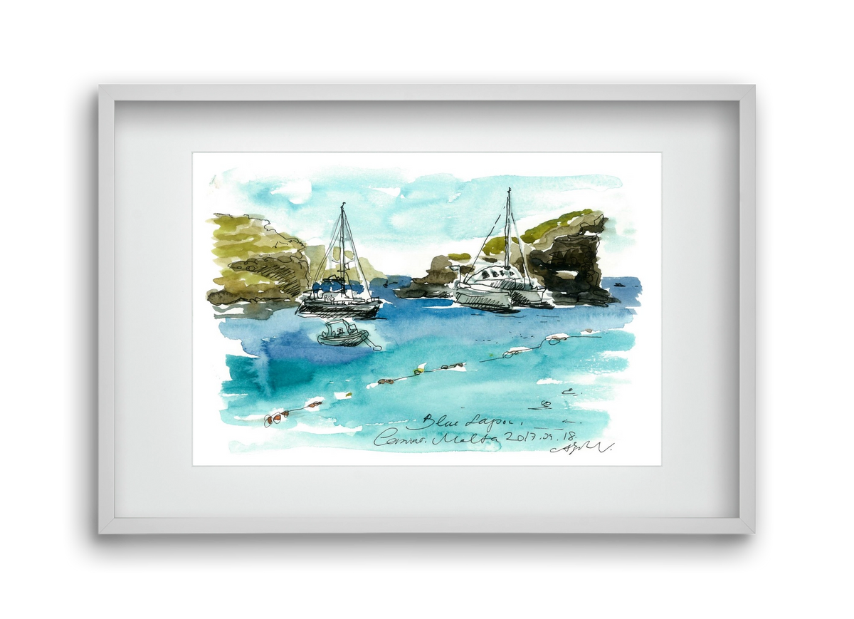 MALTA AQUARELLE NO.2, 45x30 cm (30x20 cm), Fehér keret, paszpartuval