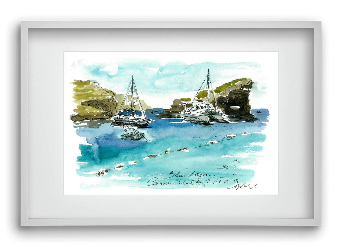 MALTA AQUARELLE NO.2, 60x40 cm (45x30 cm), Fehér keret, paszpartuval