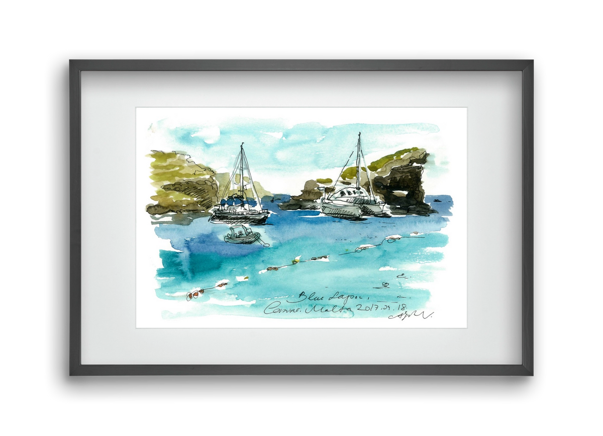 MALTA AQUARELLE NO.2, 45x30 cm (30x20 cm), Fekete keret, paszpartuval