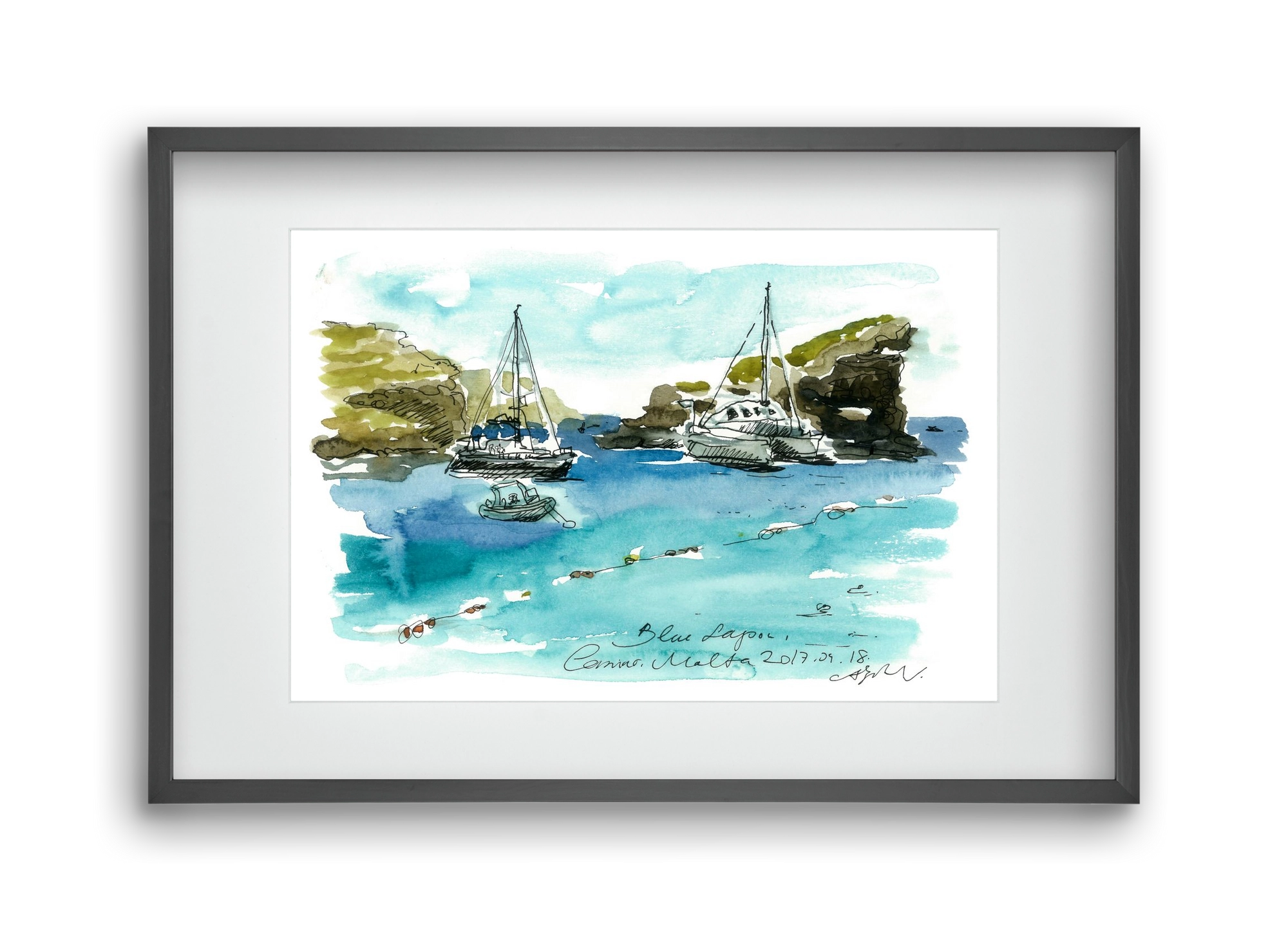 MALTA AQUARELLE NO.2, 45x30 cm (30x20 cm), Fekete keret, paszpartuval