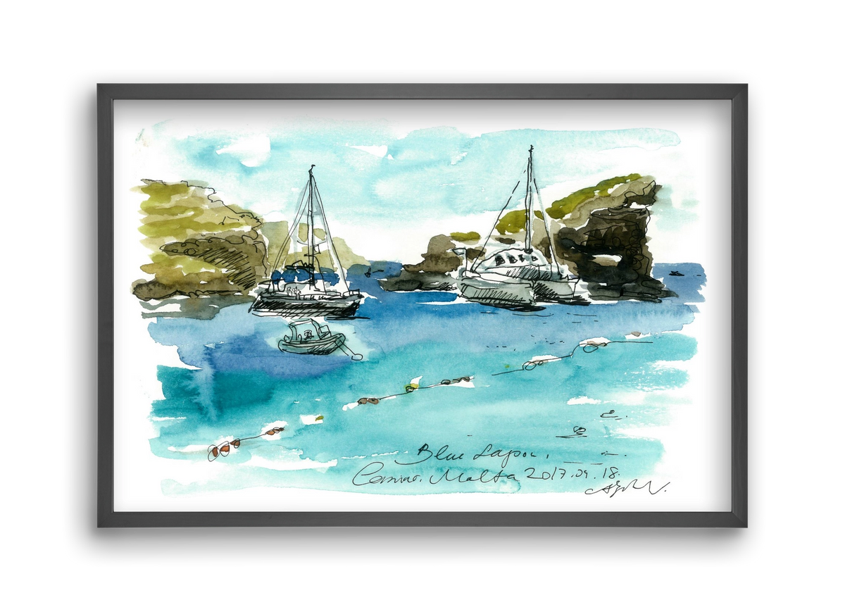 MALTA AQUARELLE NO.2, 45x30 cm (45x30 cm), Fekete keret