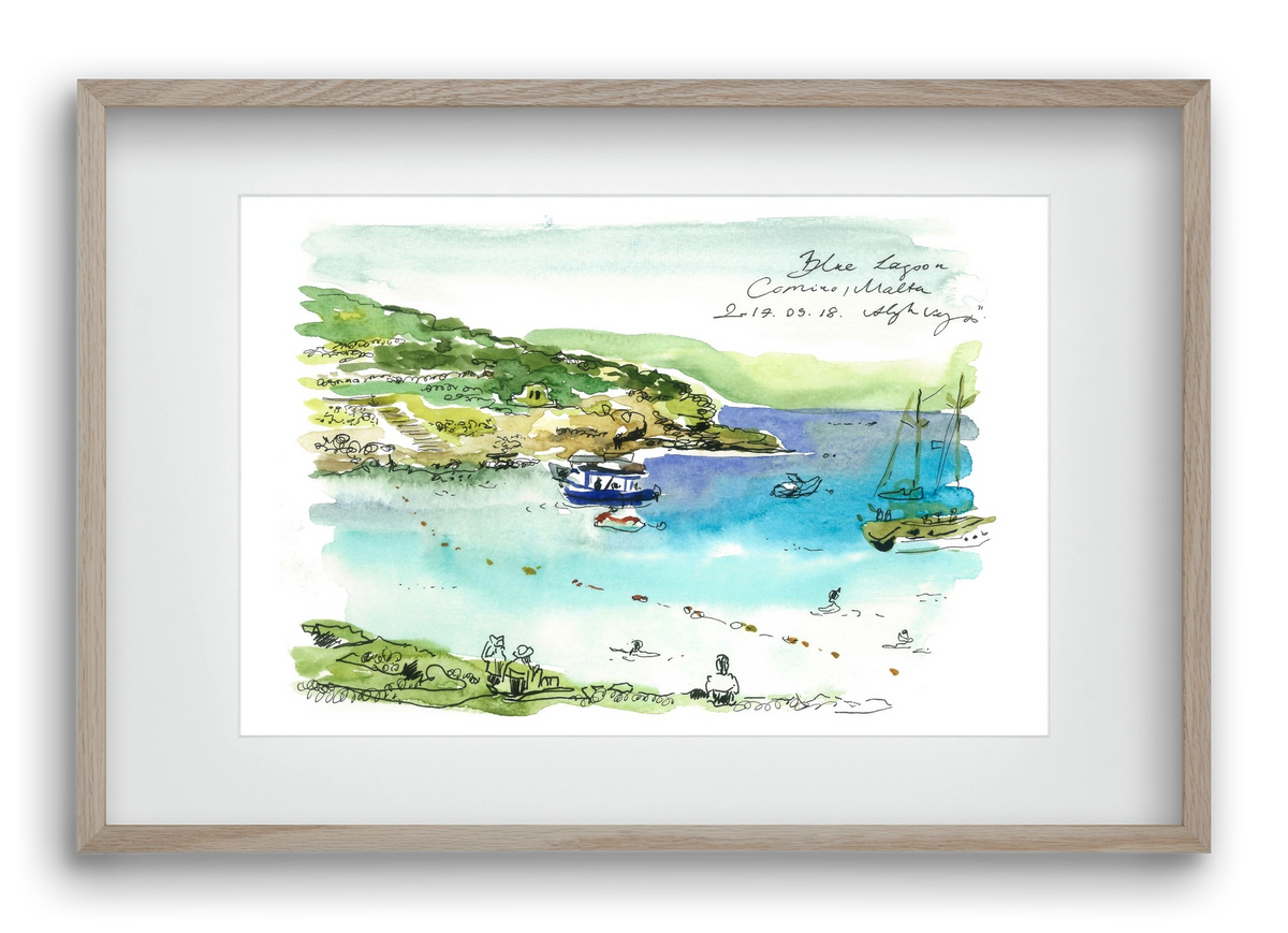 MALTA AQUARELLE NO.5, 60x40 cm (45x30 cm), Tölgy keret, paszpartuval