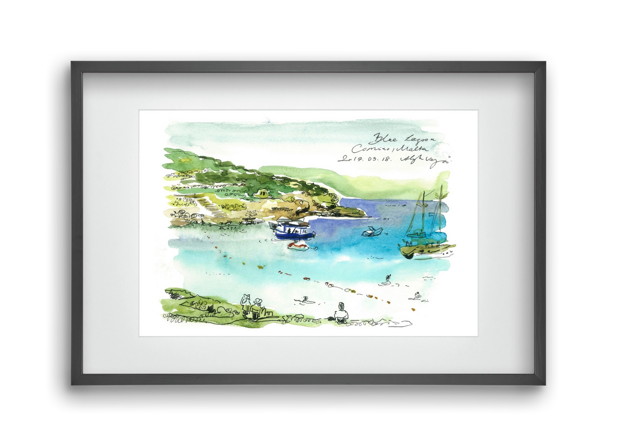 MALTA AQUARELLE NO.5, 45x30 cm (30x20 cm), Fekete keret, paszpartuval