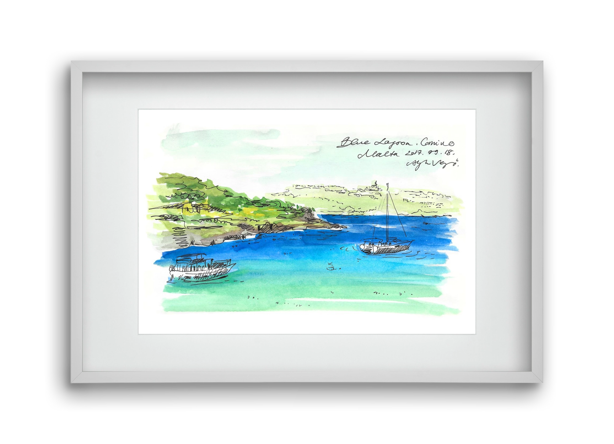 MALTA AQUARELLE NO.6, 45x30 cm (30x20 cm), Fehér keret, paszpartuval