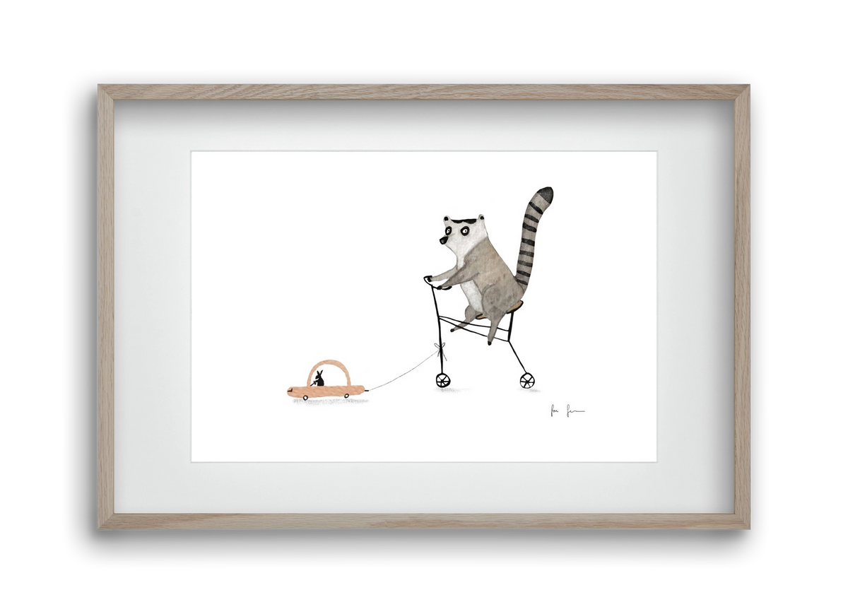 Bicikliző lemur, 45x30 cm (30x20 cm), Tölgy keret, paszpartuval