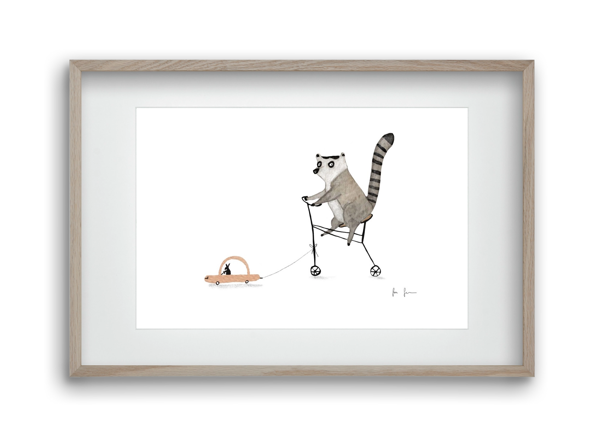 Bicikliző lemur, 45x30 cm (30x20 cm), Tölgy keret, paszpartuval