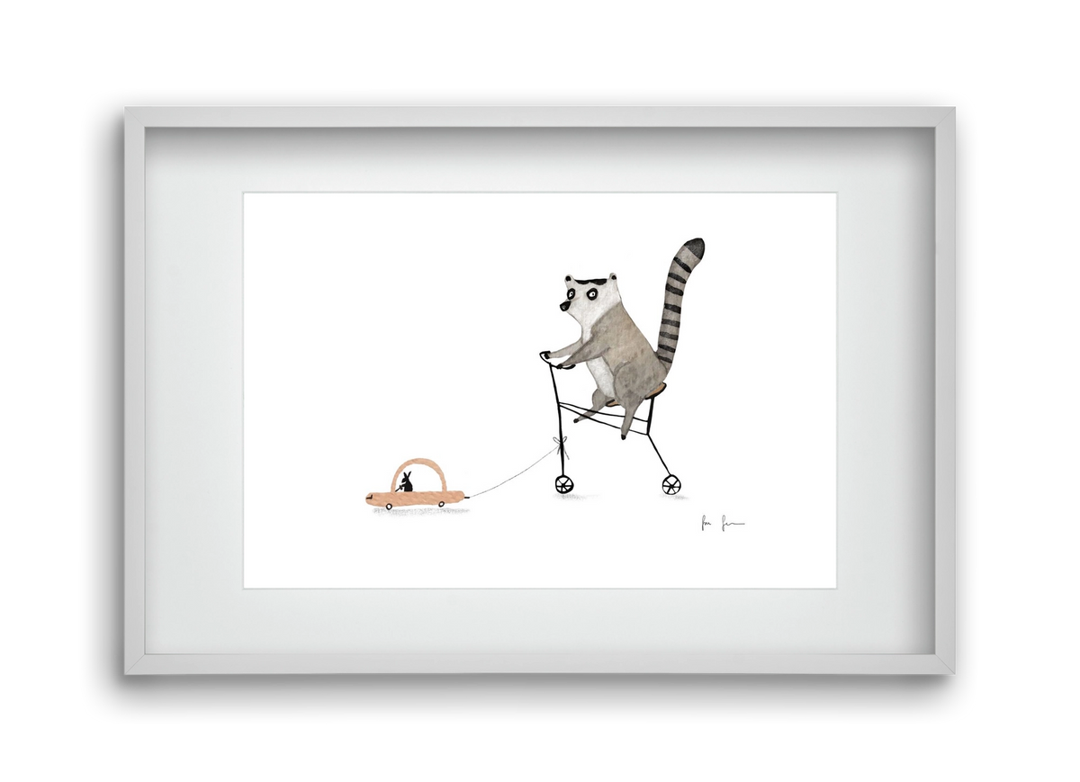 Bicikliző lemur, 45x30 cm (30x20 cm), Fehér keret, paszpartuval