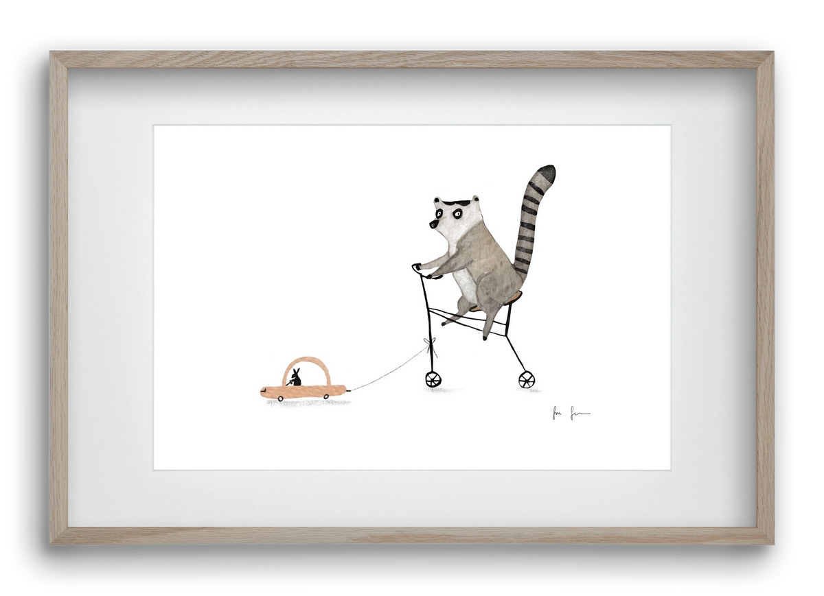 Bicikliző lemur, 60x40 cm (45x30 cm), Tölgy keret, paszpartuval