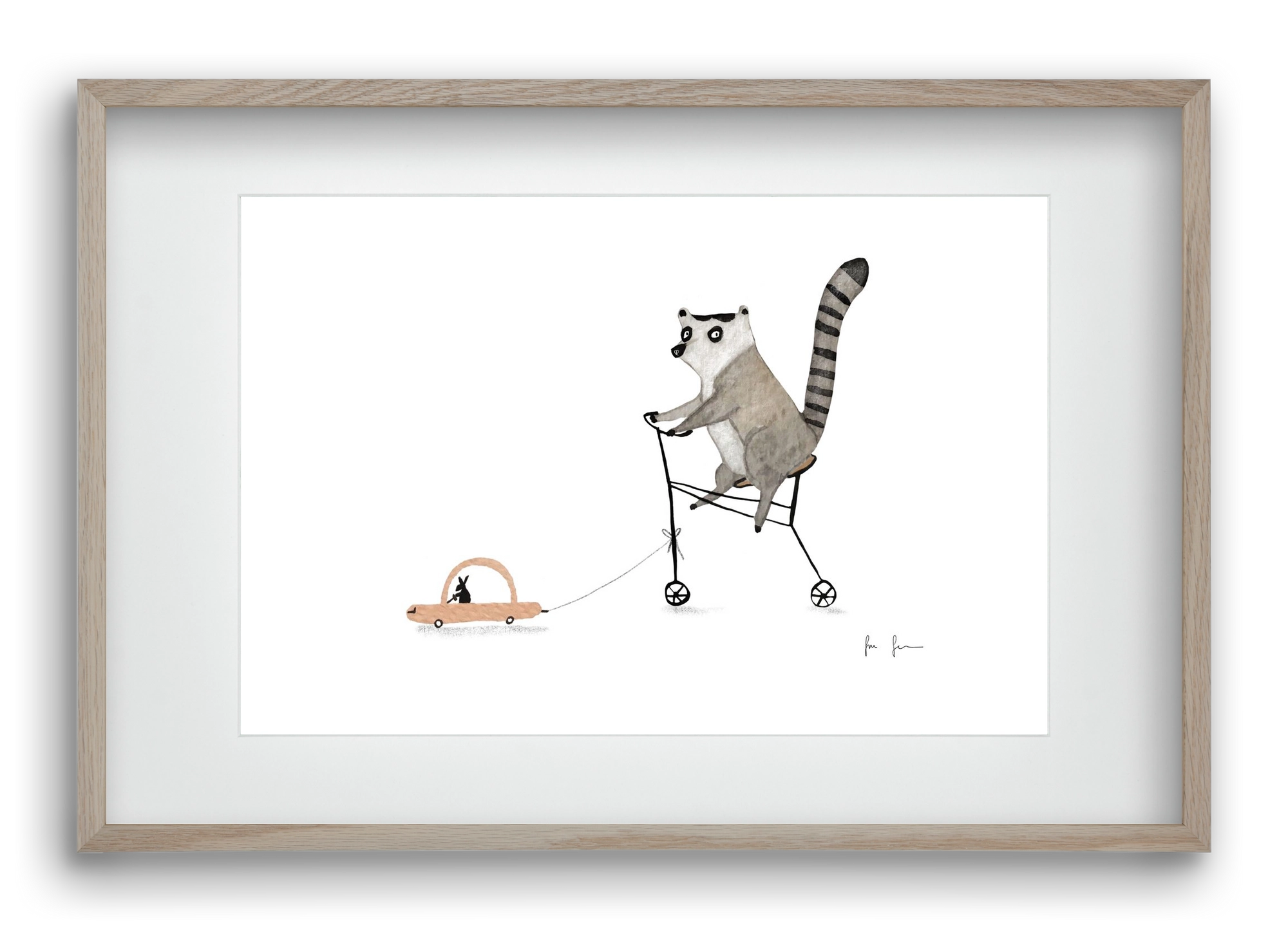 Bicikliző lemur, 60x40 cm (45x30 cm), Tölgy keret, paszpartuval