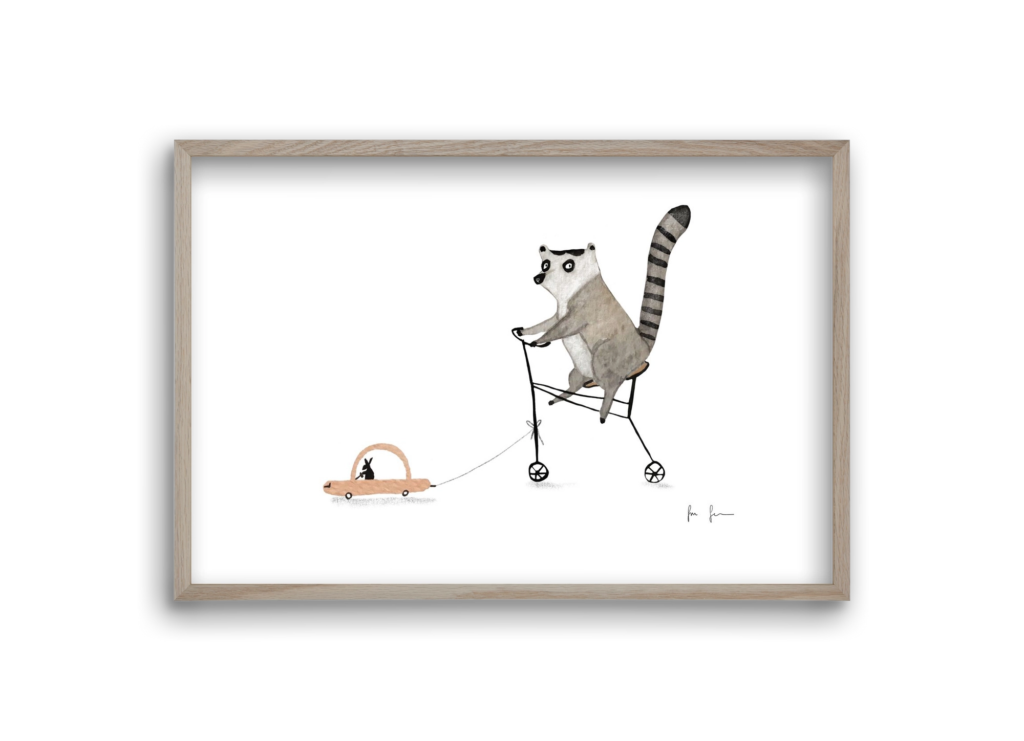 Bicikliző lemur, 30x20 cm (30x20 cm), Tölgy keret