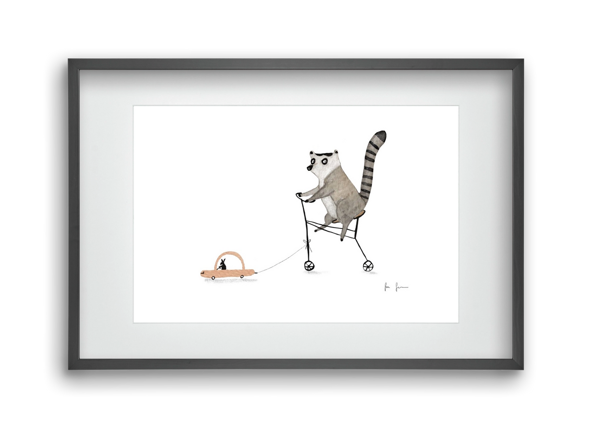 Bicikliző lemur, 45x30 cm (30x20 cm), Fekete keret, paszpartuval