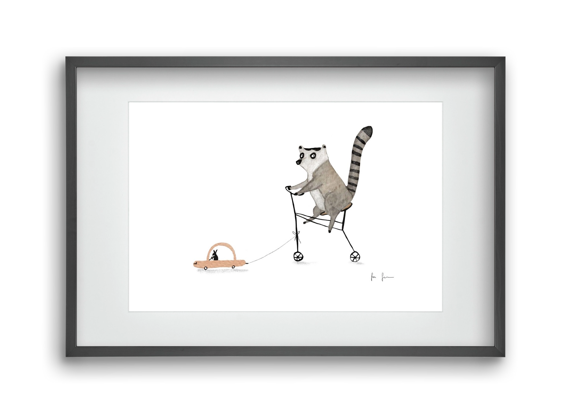 Bicikliző lemur, 45x30 cm (30x20 cm), Fekete keret, paszpartuval