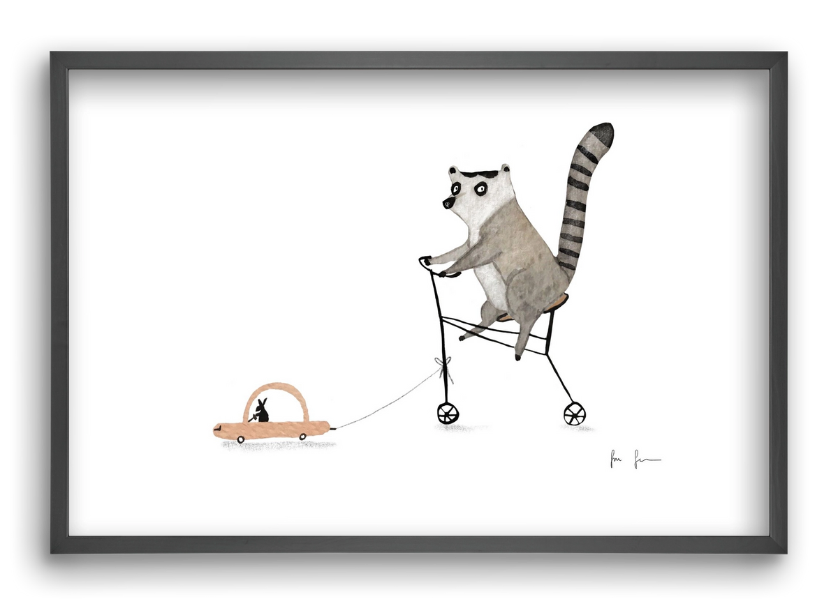 Bicikliző lemur, 60x40 cm (60x40 cm), Fekete keret