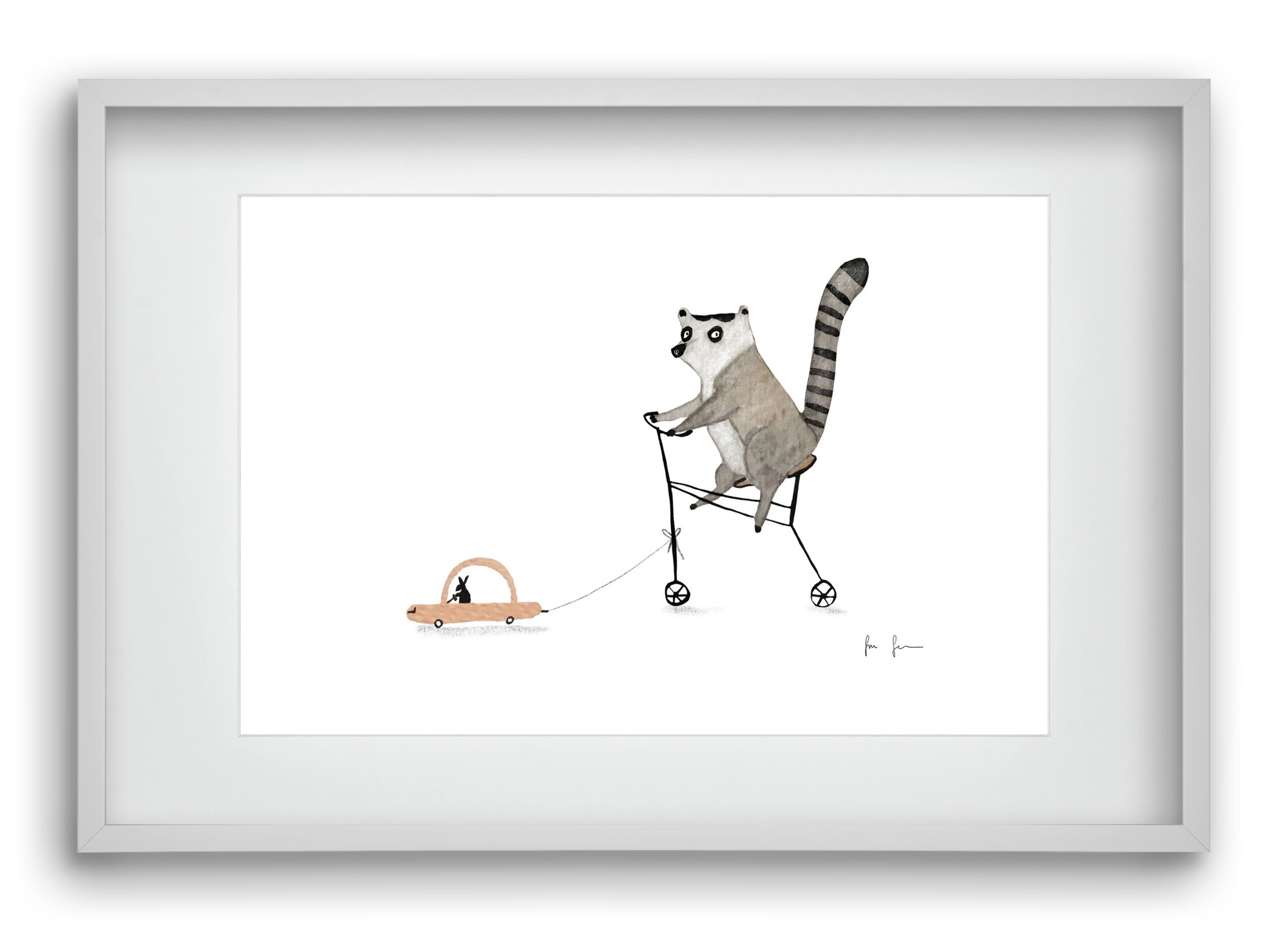 Bicikliző lemur, 60x40 cm (45x30 cm), Fehér keret, paszpartuval