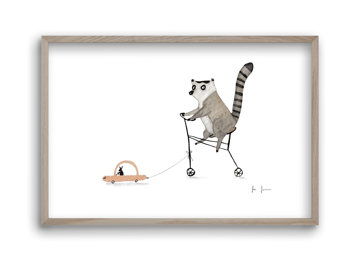 Bicikliző lemur, 45x30 cm (45x30 cm), Tölgy keret