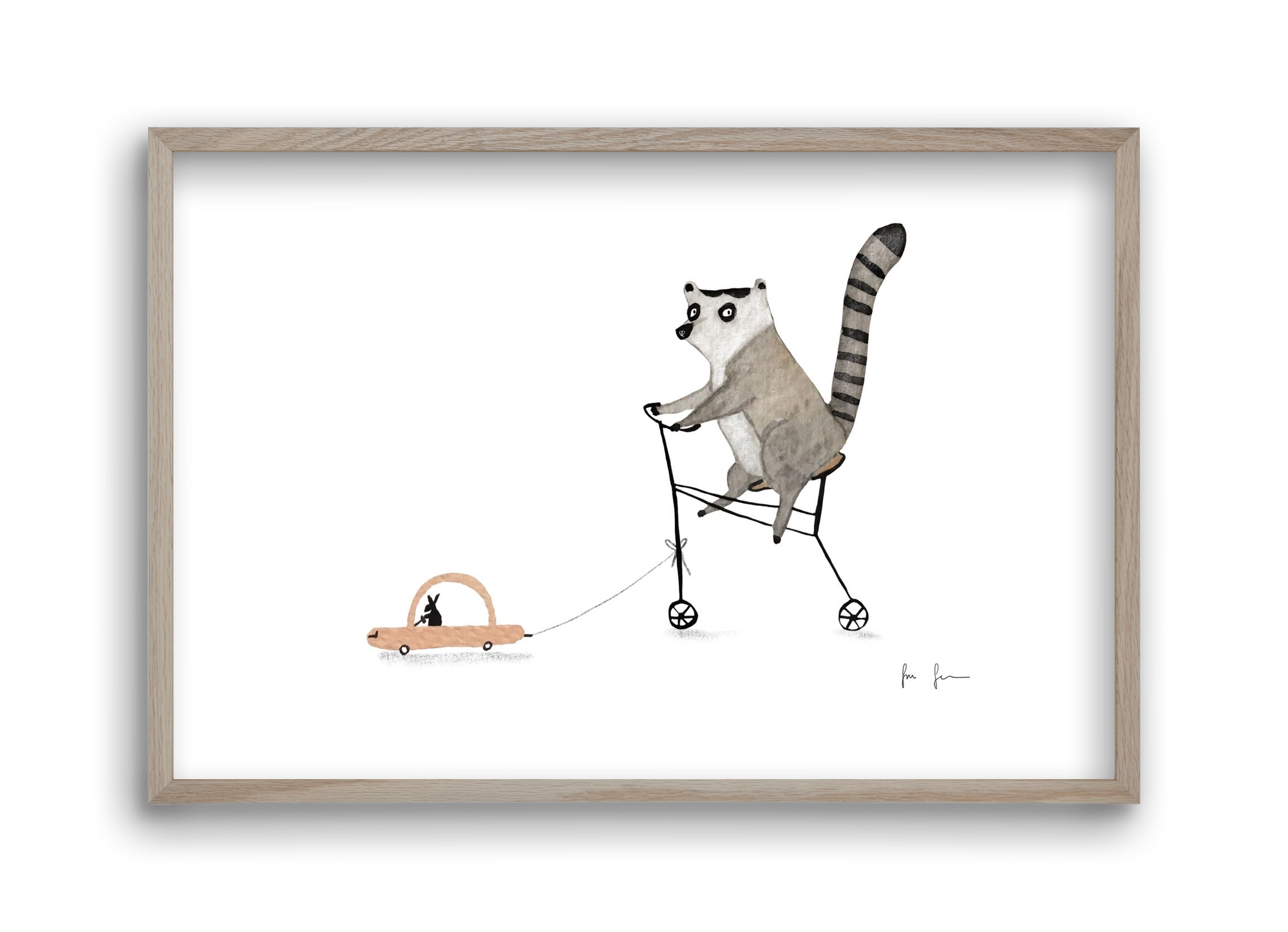 Bicikliző lemur, 45x30 cm (45x30 cm), Tölgy keret