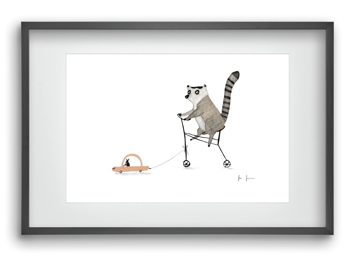 Bicikliző lemur, 60x40 cm (45x30 cm), Fekete keret, paszpartuval