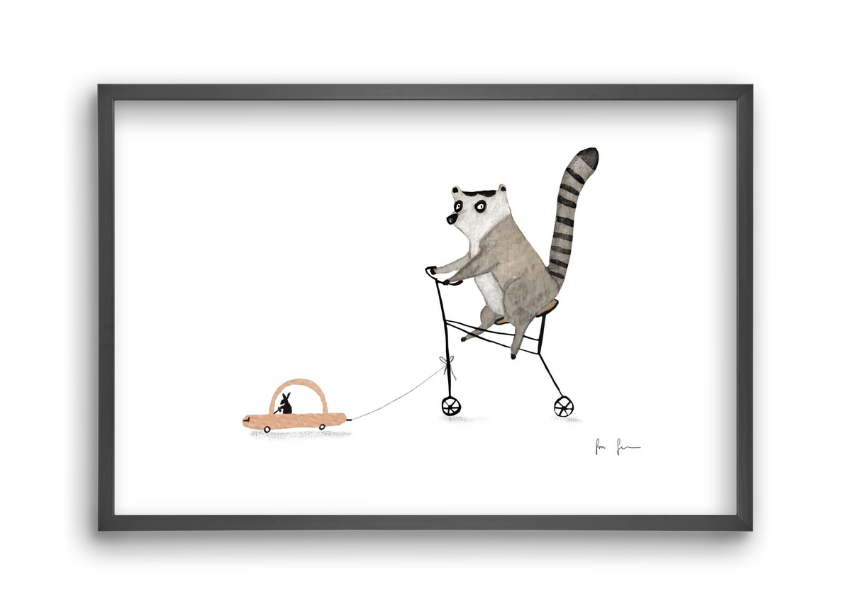 Bicikliző lemur, 45x30 cm (45x30 cm), Fekete keret