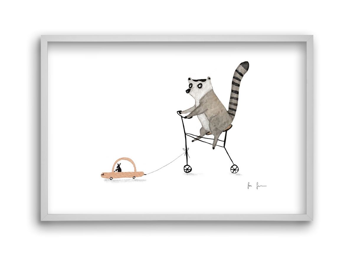 Bicikliző lemur, 45x30 cm (45x30 cm), Fehér keret