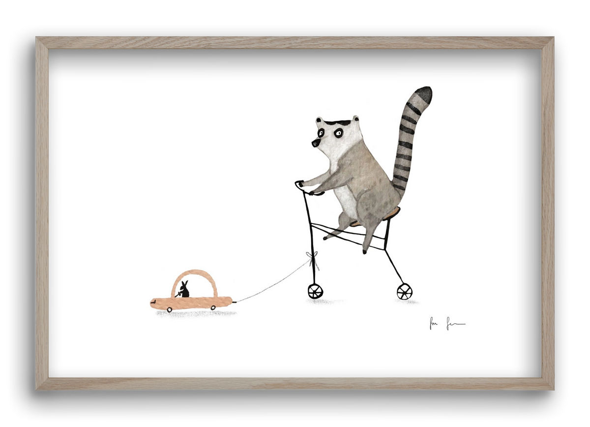 Bicikliző lemur, 60x40 cm (60x40 cm), Tölgy keret