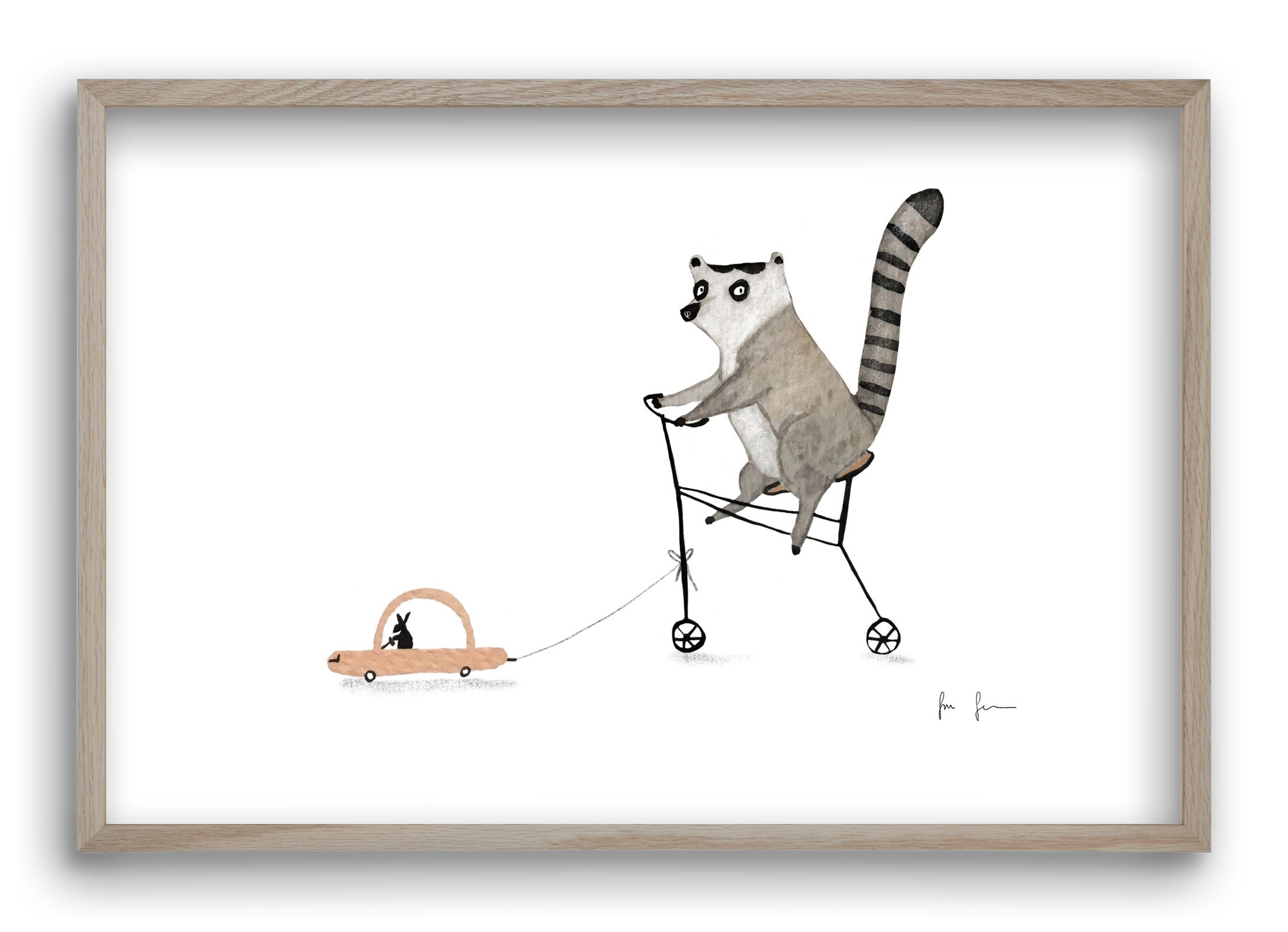 Bicikliző lemur, 60x40 cm (60x40 cm), Tölgy keret