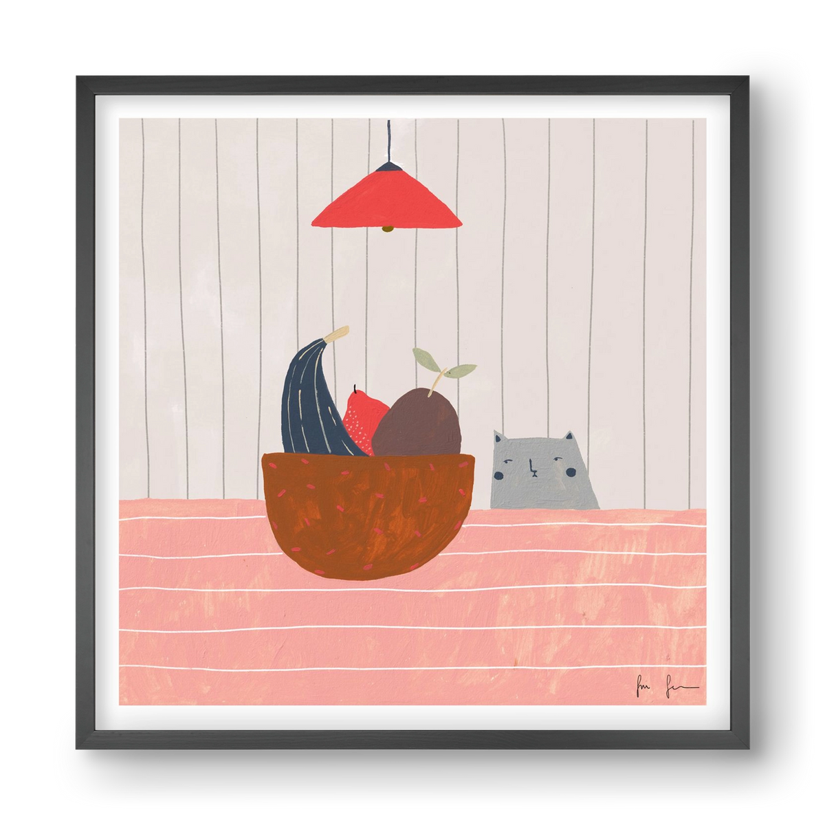 Cica gyümölcskosárral, 40x40 cm (40x40 cm), Fekete keret