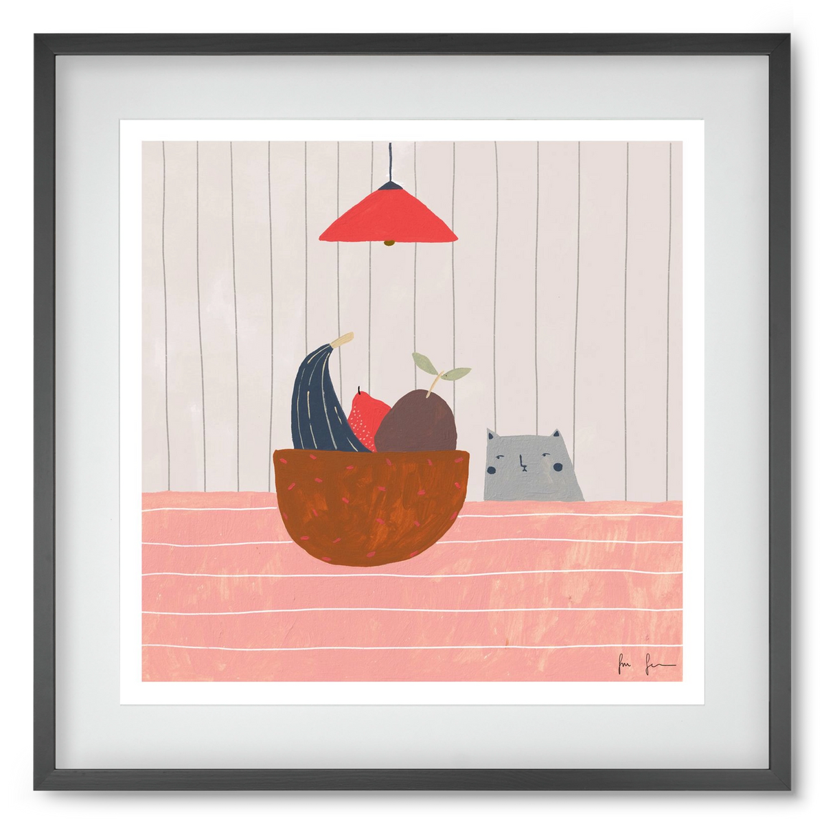 Cica gyümölcskosárral, 50x50 cm (40x40 cm), Fekete keret, paszpartuval