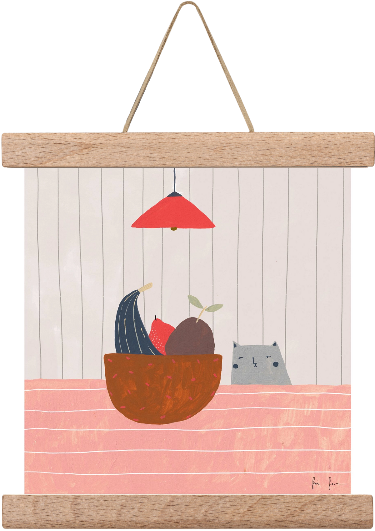 Cica gyümölcskosárral, 20x20 cm (20x20 cm), Tölgy akasztó