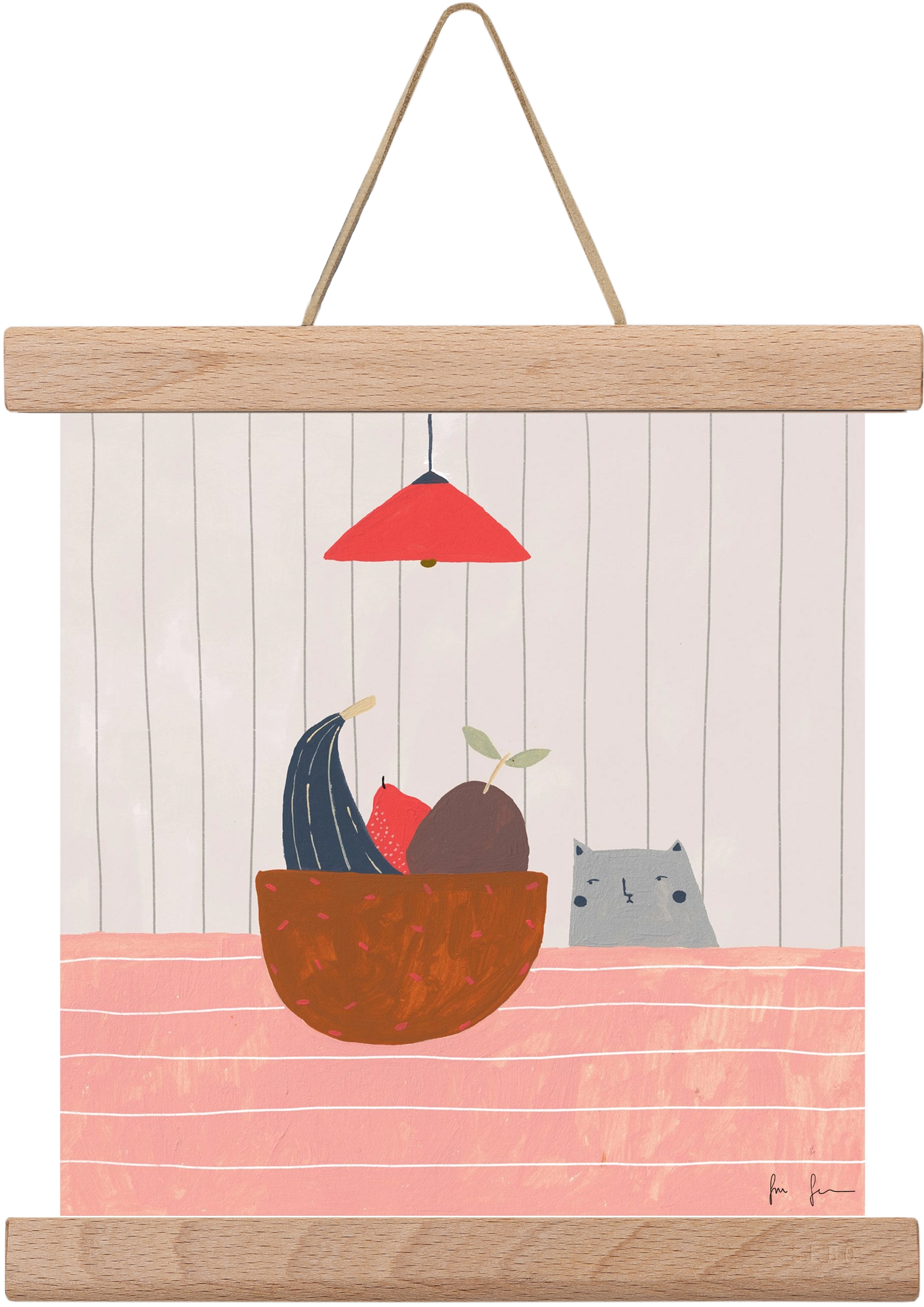 Cica gyümölcskosárral, 20x20 cm (20x20 cm), Tölgy akasztó