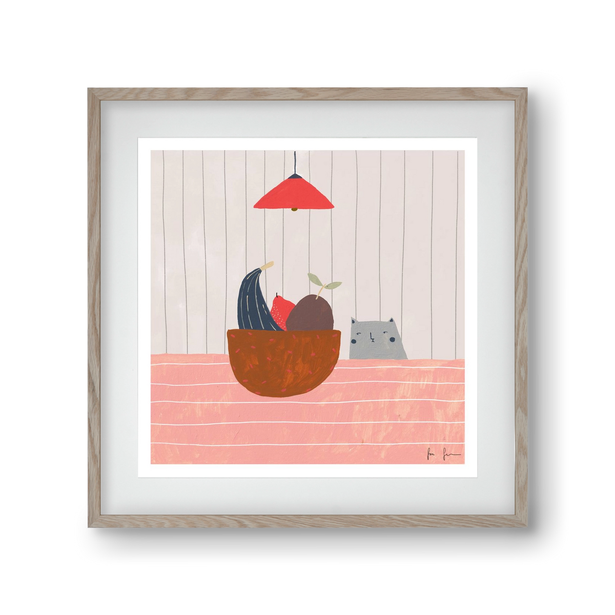 Cica gyümölcskosárral, 30x30 cm (20x20 cm), Tölgy keret, paszpartuval