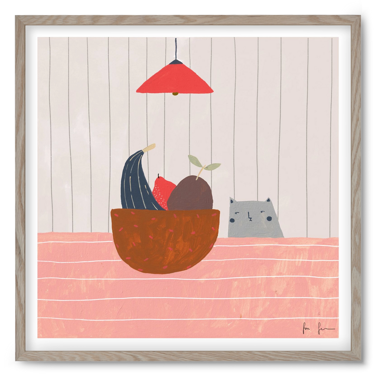 Cica gyümölcskosárral, 50x50 cm (50x50 cm), Tölgy keret