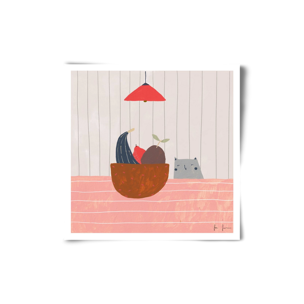 Cica gyümölcskosárral, 20x20 cm, Keret nélkül